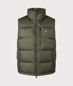 The Gorham Down Vest in Company Olive by Polo Ralph Lauren at EQVVS. Front Angle Shot.