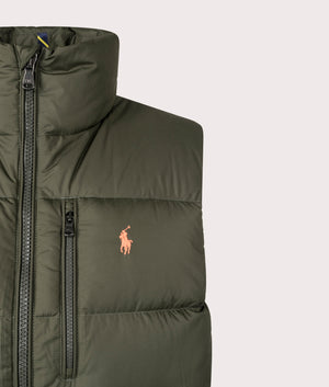 The Gorham Down Vest in Company Olive by Polo Ralph Lauren at EQVVS. Detail Shot.