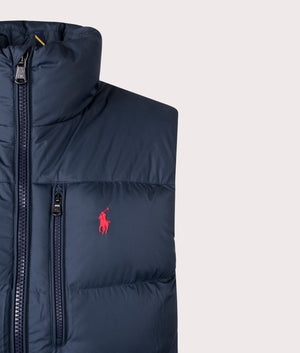 The Gorham Down Vest in Collection Navy by Polo Ralph Lauren at EQVVS. Detail Shot. 