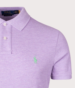 Custom Slim Fit Basic Mesh Polo Shirt in Pastel Purple Heather by Polo Ralph Lauren. EQVVS Detail Shot.