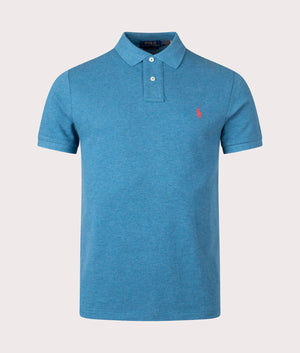 Custom Slim Fit Basic Mesh Polo Shirt in Marine Heather by Polo Ralph Lauren. EQVVS Front Angle Shot.