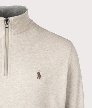 Polo Ralph Lauren Quarter Zip Sweatshirt in Tuscan Beige Heather. Detail Shot at EQVVS