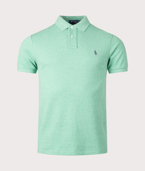 Slim Fit Mesh Polo Shirt in Resort Green Heather by Polo Ralph Lauren. EQVVS Front Angle Shot.