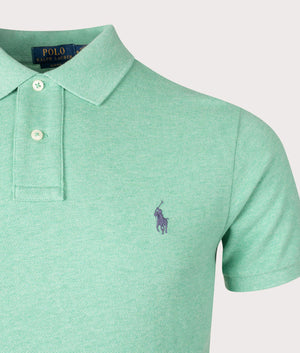 Slim Fit Mesh Polo Shirt in Resort Green Heather by Polo Ralph Lauren. EQVVS Detail  Shot.