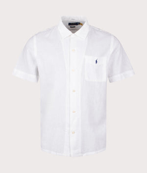 Classic Fit Short Sleeve Linen Blend Camp Shirt in white by Polo Ralph Lauren. EQVVS Front Angle Shot.