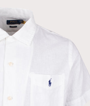 Classic Fit Short Sleeve Linen Blend Camp Shirt in white by Polo Ralph Lauren. EQVVS Detail Shot.