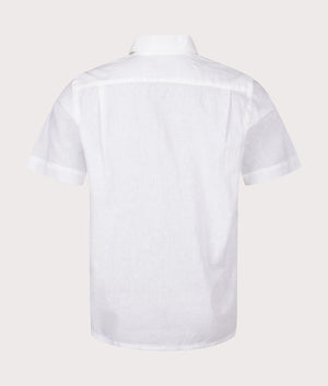 Classic Fit Short Sleeve Linen Blend Camp Shirt in white by Polo Ralph Lauren. EQVVS Back Angle Shot.