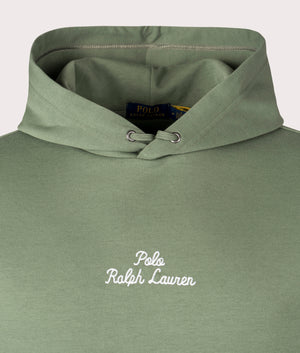 Polo Ralph Lauren Cargo Green Script Chest Logo Hoodie at EQVVS. Detail shot. 