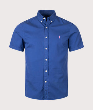 Polo Ralph Lauren Slim Fit Garment-Dyed Twill Shirt in Beach Royal. Front angle shot at EQVVS.