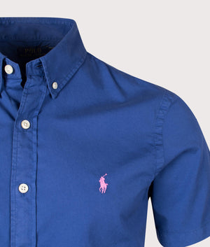 Polo Ralph Lauren Slim Fit Garment-Dyed Twill Shirt in Beach Royal. Detail angle shot at EQVVS.