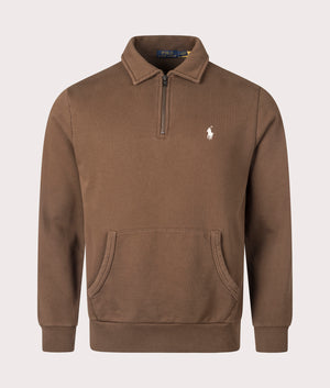 Quarter Zip Loopback Terry Sweatshirt in Pale Russet by Polo Ralph Lauren at EQVVS. Front Angle Shot. 