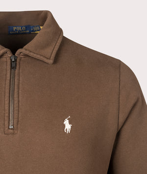 Quarter Zip Loopback Terry Sweatshirt in Pale Russet by Polo Ralph Lauren at EQVVS. Detail Shot. 