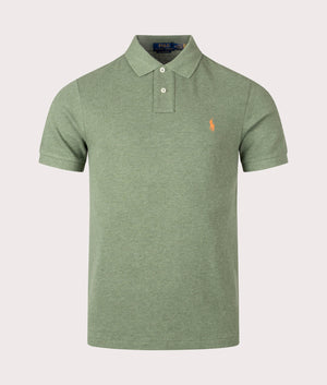 Custom Slim Fit Basic Mesh Polo Shirt in Cargo Green Heather by Polo Ralph Lauren. EQVVS Front Angle Shot.