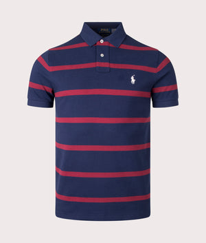 Custom Slim Fit Striped Mesh Polo Shirt in Spring Navy and Red Carpet by Polo Ralph Lauren. EQVVS Shot. 