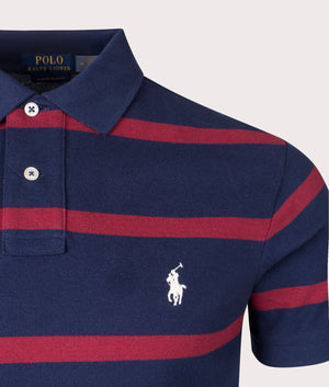 Custom Slim Fit Striped Mesh Polo Shirt in Spring Navy and Red Carpet by Polo Ralph Lauren. EQVVS Shot.