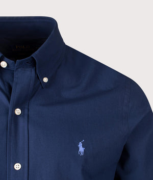 Polo Ralph Lauren,Custom Fit Short Sleeve Stretch Poplin Shirt, Newport Navy,  Eqvvs Menswear, detailed shot angle
