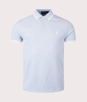 Custom Slim Fit Stretch Mesh Polo Shirt in Vessel Blue by Polo Ralph Lauren. EQVVS Shot.