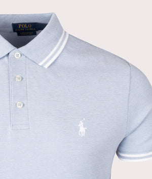 Custom Slim Fit Stretch Mesh Polo Shirt in Vessel Blue by Polo Ralph Lauren. EQVVS Shot.