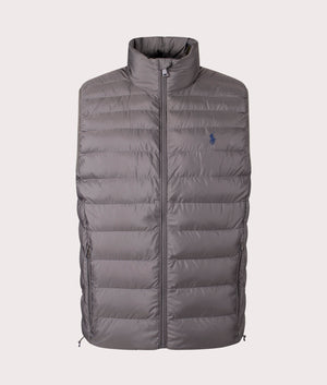 Colden Packable Vest in Dark Metal by Polo Ralph Lauren. Shot at EQVVS. Front image. 