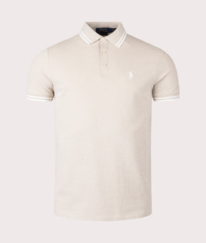 Custom Slim Fit Stretch Mesh Polo Shirt in Coastal Beige by Polo Ralph Lauren. EQVVS Shot. 