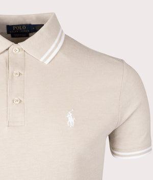 Custom Slim Fit Stretch Mesh Polo Shirt in Coastal Beige by Polo Ralph Lauren. EQVVS Shot.