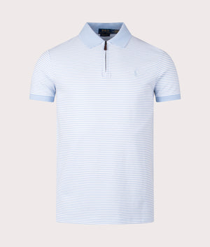 Custom Slim Fit Stretch Mesh Polo Shirt in Office Blue and White by Polo Ralph Lauren. EQVVS Shot. 