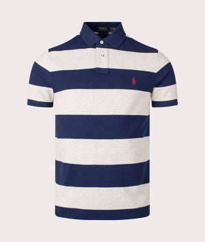 Custom Slim Fit Striped Mesh Polo Shirt in Light Vintage Heather Spring Navy by Polo Ralph Lauren. EQVVS Shot. 