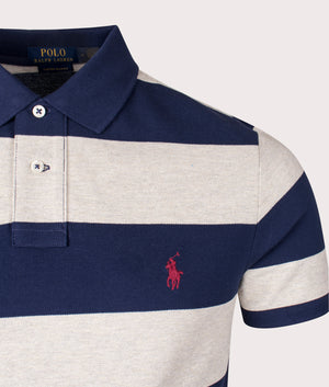 Custom Slim Fit Striped Mesh Polo Shirt in Light Vintage Heather Spring Navy by Polo Ralph Lauren. EQVVS Shot.