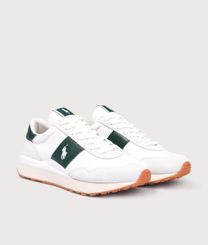 Polo Ralph Lauren Train 89 Panelled Low Top Trainers in Bianco/Forest. Front side angle shot at EQVVS.