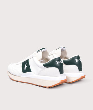 Polo Ralph Lauren Train 89 Panelled Low Top Trainers in Bianco/Forest. Back side angle shot at EQVVS.