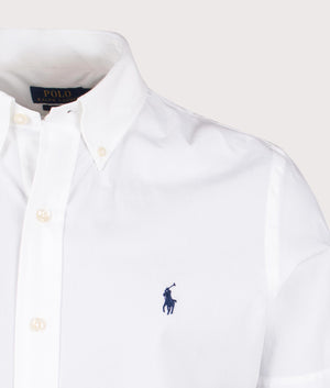 Polo Ralph Lauren,Custom Fit Short Sleeve Stretch Poplin Shirt, White,  Eqvvs Menswear, detailed shot angle