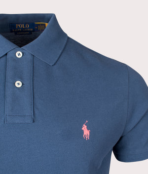 Custom Slim Fit Mesh Polo Shirt in Clancy Blue by Polo Ralph Lauren. EQVVS Shot.