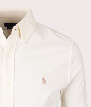 Polo Ralph Lauren Featherweight Mesh Shirt in Parchment Cream. Detail angle shot at EQVVS.