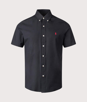 Polo ralph Lauren Custom Fit Short Sleeve Stretch Poplin Shirt in Black. EQVVS Front Shot.