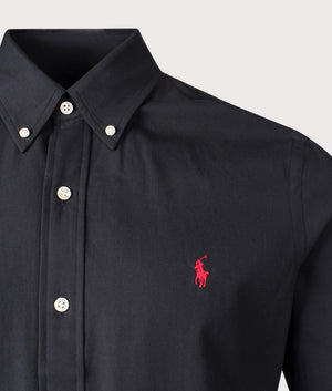 Polo ralph Lauren Custom Fit Short Sleeve Stretch Poplin Shirt in Black. EQVVS Detail Shot.