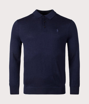 100% Wool Knitted Polo Shirt in Hunter Navy. Front angle shot at EQVVS.