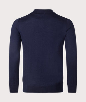 100% Wool Knitted Polo Shirt in Hunter Navy. Back angle shot at EQVVS.