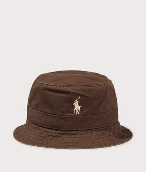 Polo Ralph Lauren Chino Bucket Hat in Copper Brown. Front angle shot at EQVVS.