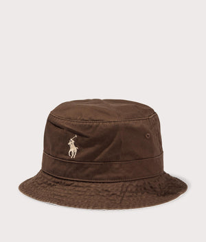 Polo Ralph Lauren Chino Bucket Hat in Copper Brown. Side angle shot at EQVVS.