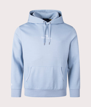 Polo Ralph Lauren Script Chest Logo Hoodie in Vessel Blue. Front angle shot at EQVVS.