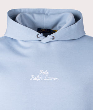 Polo Ralph Lauren Script Chest Logo Hoodie in Vessel Blue. Detail angle shot at EQVVS.