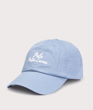 Polo Ralph Lauren Embroidered Twill Ball Cap in Vessel Blue. Side angle shot at EQVVS.