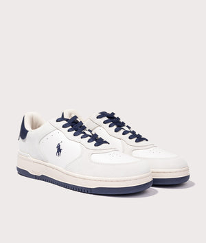 Masters Court Leather-Suede Trainers in Deckwash White/Navy from Polo Ralph Lauren. Front side angle shot at EQVVS.