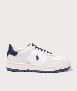 Masters Court Leather-Suede Trainers in Deckwash White/Navy from Polo Ralph Lauren. Side angle shot at EQVVS.