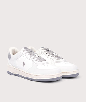 Polo Ralph Lauren Masters Court Leather Suede Trainers in Masters Court Leather Suede Trainers in Deckwash White/Grey. Front side angle shot at EQVVS.