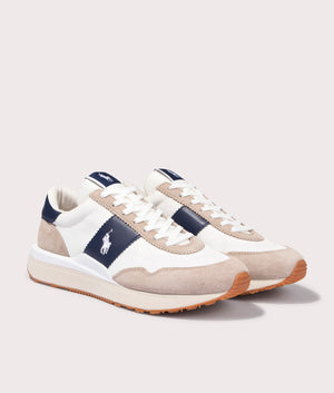 Polo Ralph Lauren Train 89 Suede Panelled Low Top Sneakers for Men in Milkshake beige and Navy blue at EQVVS Angle Shot