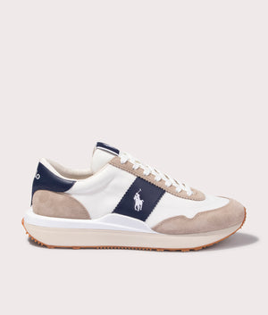 Polo Ralph Lauren Train 89 Suede Panelled Low Top Sneakers for Men in Milkshake beige and Navy blue at EQVVS Side Shot