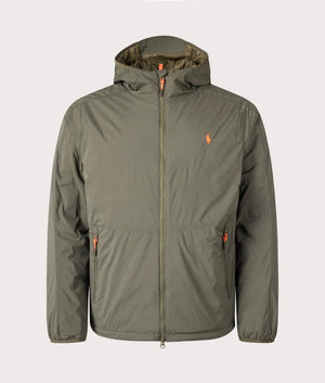 The Polo Ralph Lauren Teak Stretch Hooded Jacket in Canopy Olive at EQVVS. Front Shot. 