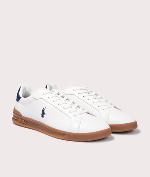 Polo Ralph Lauren Heritage Court II Leather Suede Low Top Sneakers in Deckwash White and Navy Blue at EQVVS Angle Shot