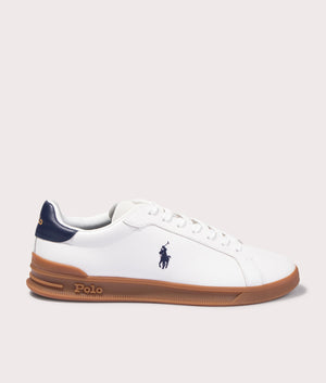 Polo Ralph Lauren Heritage Court II Leather Suede Low Top Sneakers in Deckwash White and Navy Blue at EQVVS Side Shot